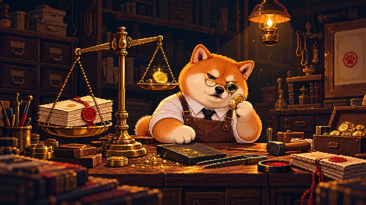 Hanko weighing a stock certificate against a shiny token on a brass scale